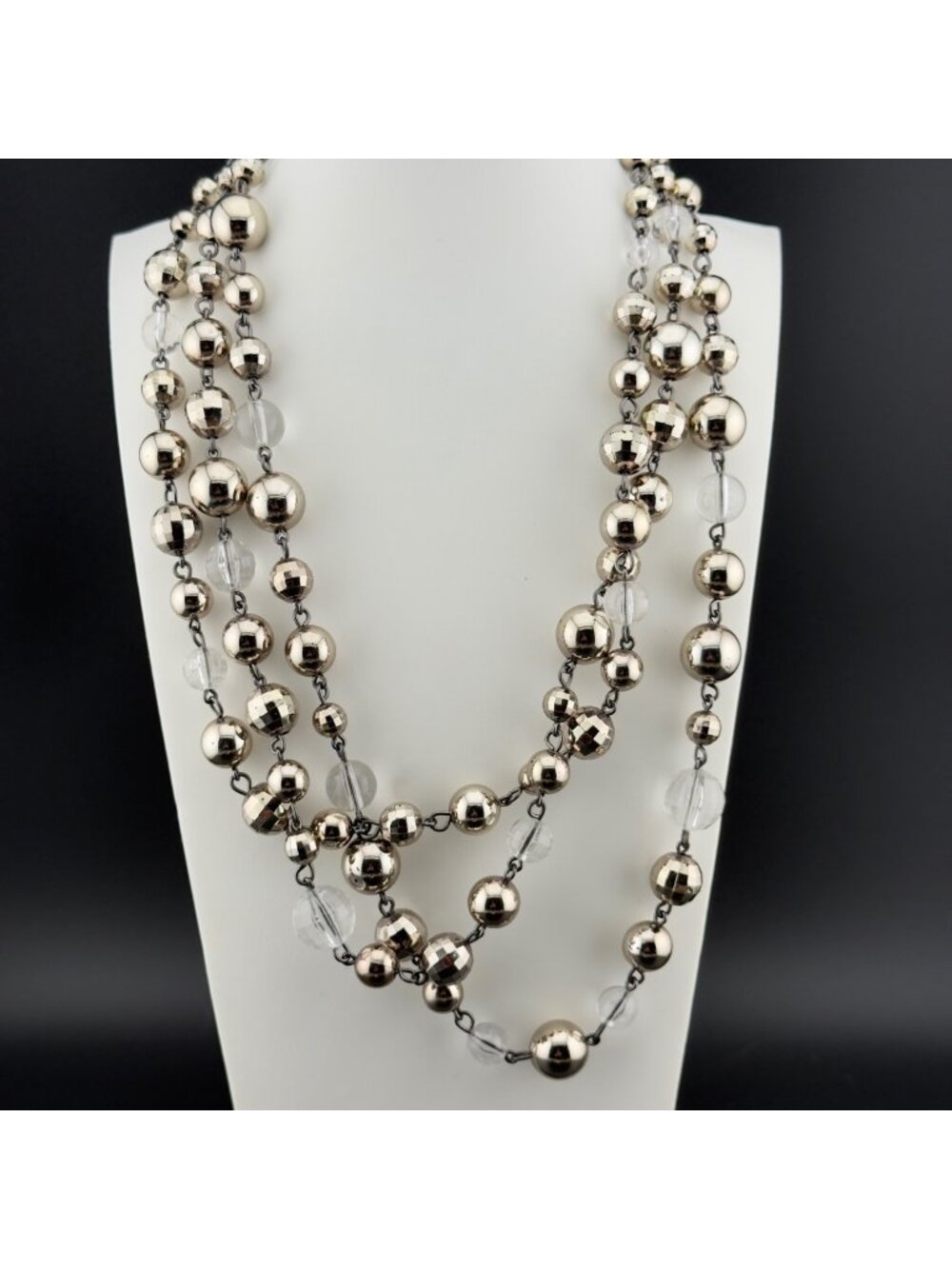 Multi Strand Metallic Beaded Necklace Silver Tone Faceted 20 inch Adjustable